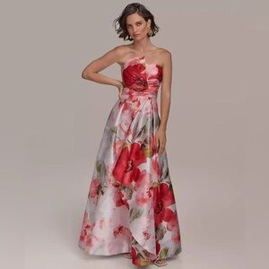 Donna Karen Floral Strapless Evening Gown - Red/Coral and White